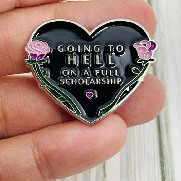 Going to Hell on a Full Scholarship Black Heart Enamel Pin with Pink Roses - Picture 1 of 3